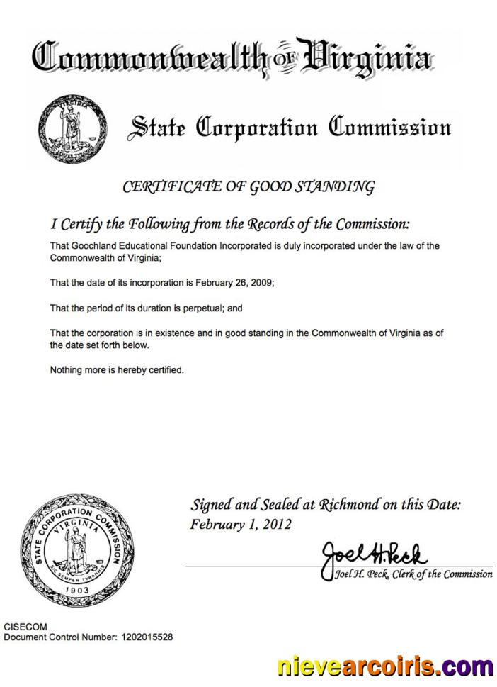 USA Virginia certificate of good standing